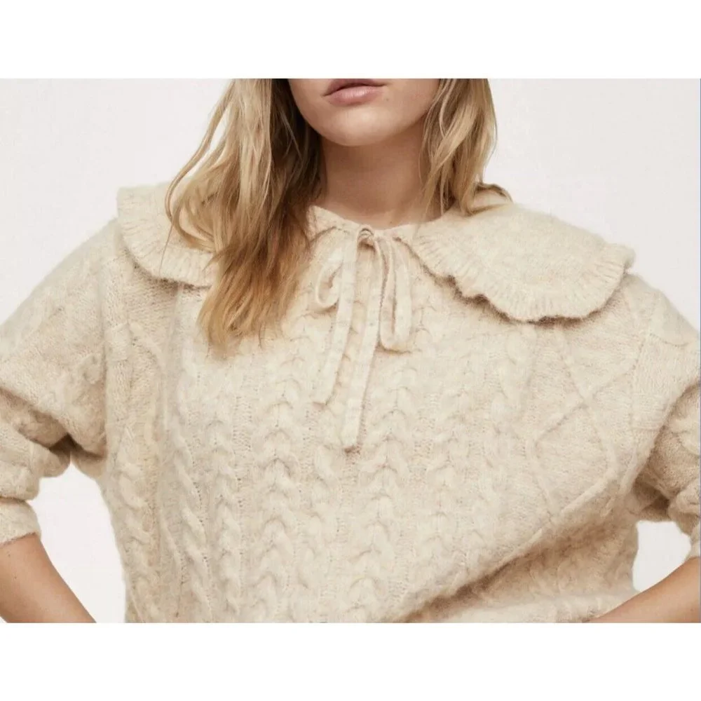 NWT MNG Mango Curve Chunky Cable Knit Sweater Ivory Beige/Collar Detail Plus 4XL - Picture 1 of 11
